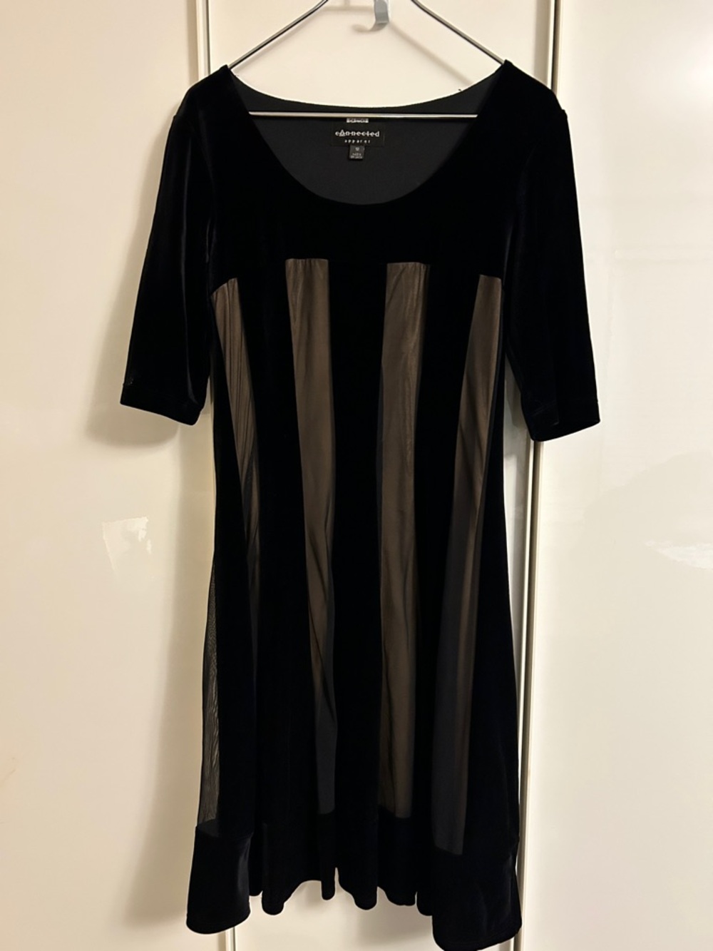 Dana Buchman Black Velvet Midi Dress with Sheer Vertical Panels